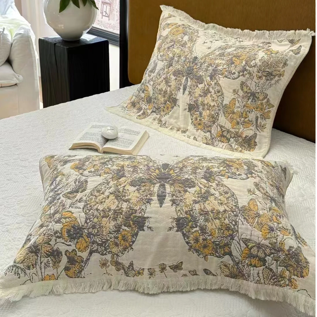 G603流苏款八层纱枕巾破晓蝶影-黄52*78一对两只吸汗透气亲肤柔软