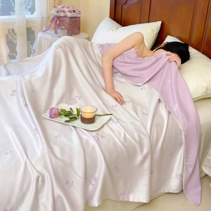 H1247 天然竹纤维冷感单人毯 紫色玫瑰园150*200夏季丝滑凉感舒适