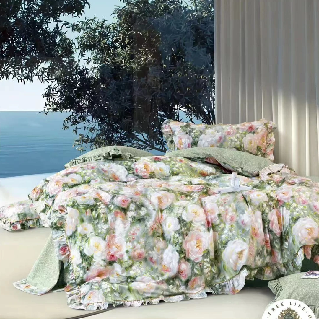 C7243 高端纯棉数码印花铂金四件套 晚意（无花边）200*230法式轻奢