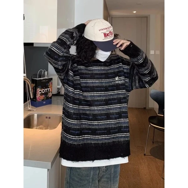 秋冬条纹套头刺绣毛衣韩版宽松针织衫港风慵懒休闲线衣外套百搭