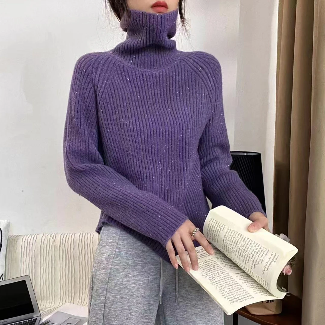 c162 秋冬新款纯色高领亮闪闪针织毛衣