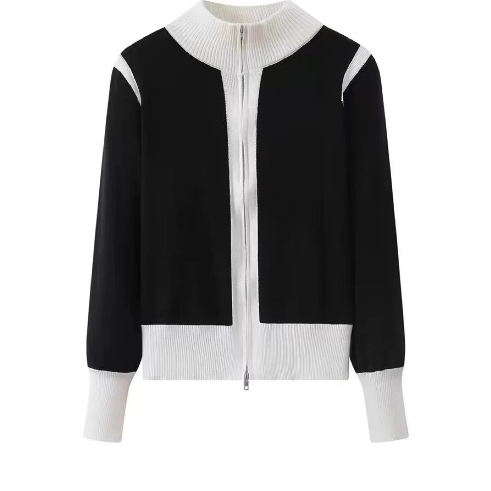 b86 刺绣拼色针织拉链开衫长袖