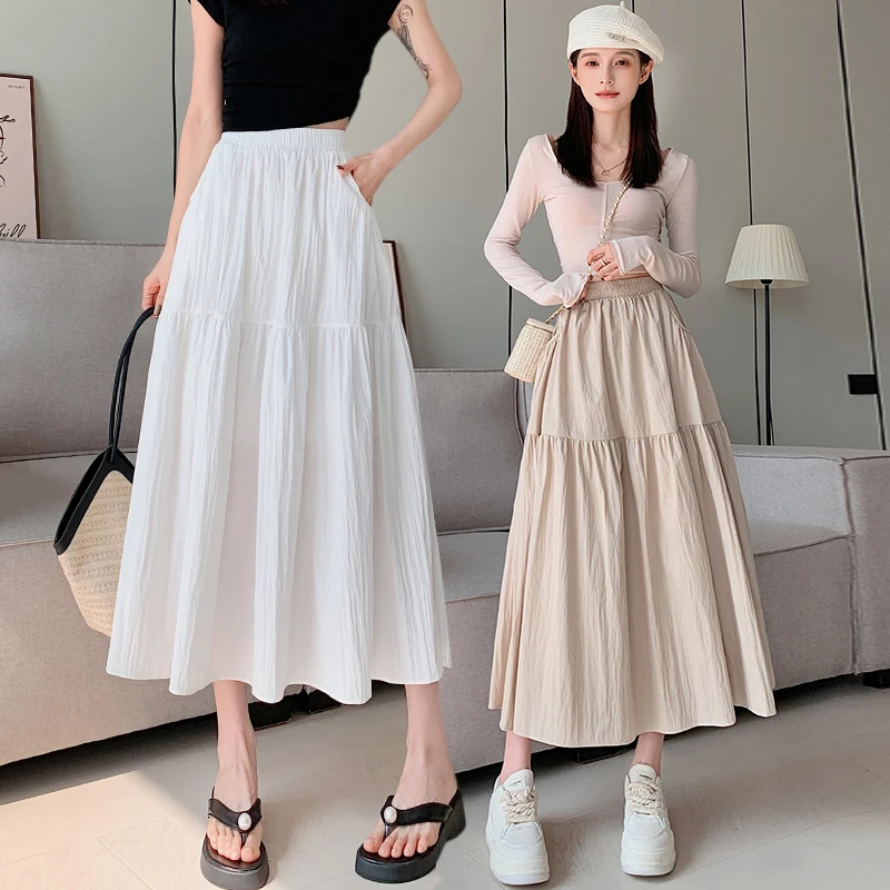 显瘦半身裙子白色高腰时尚百搭夏季中长款A字垂感半身裙有口袋