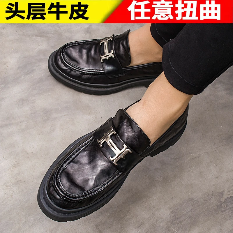 男士商务正装皮鞋男头层牛皮韩版黑色百搭软底一脚蹬套脚乐福男鞋