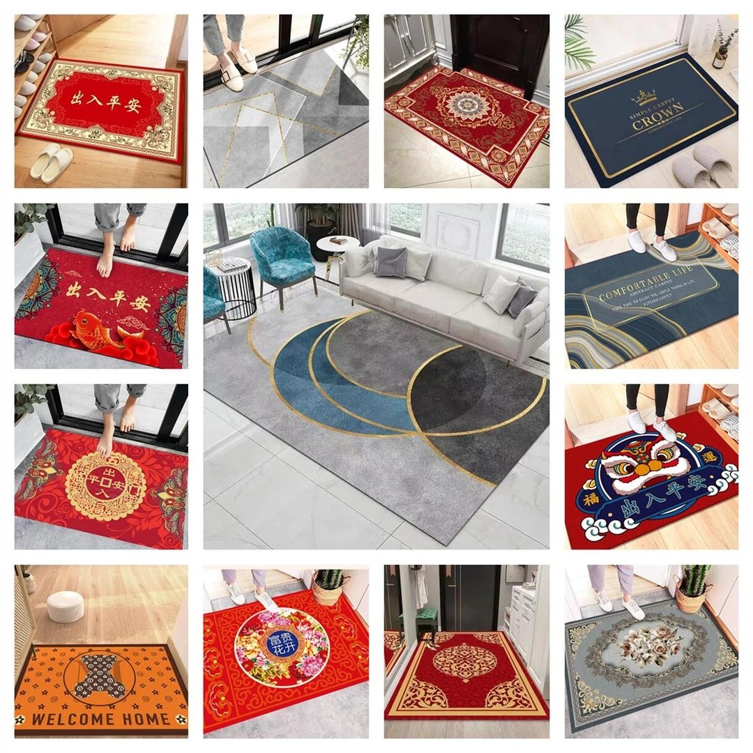 俏虎轻奢20款水晶绒地毯家用卧室中式入户门垫富贵花开裁剪门厅