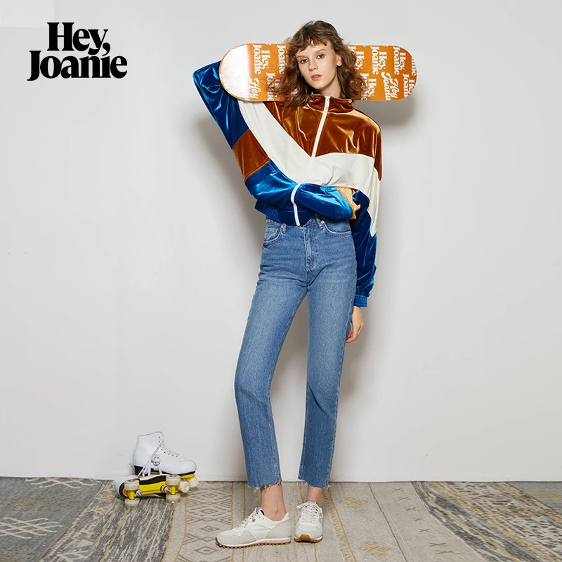 HeyJoanie HJ021蓝色直筒牛仔裤女个性毛边九分春季裤子