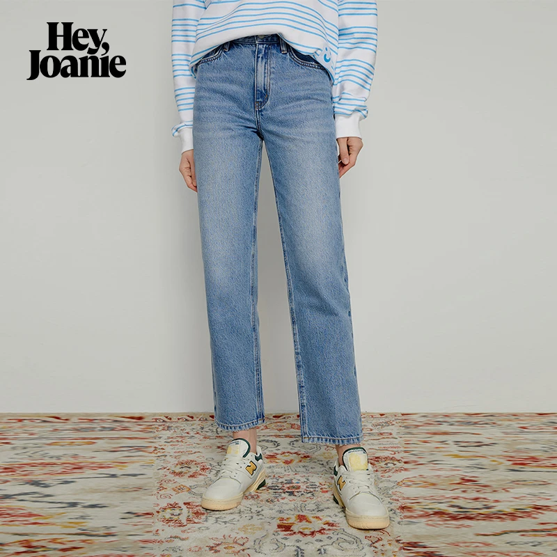 HeyJoanie HJ131宽松直筒牛仔裤女春夏水浅蓝色腰九分裤子新款