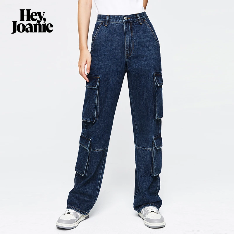 Hey JoanieHJ190美式工装牛仔裤女深蓝色宽松秋冬新款长裤