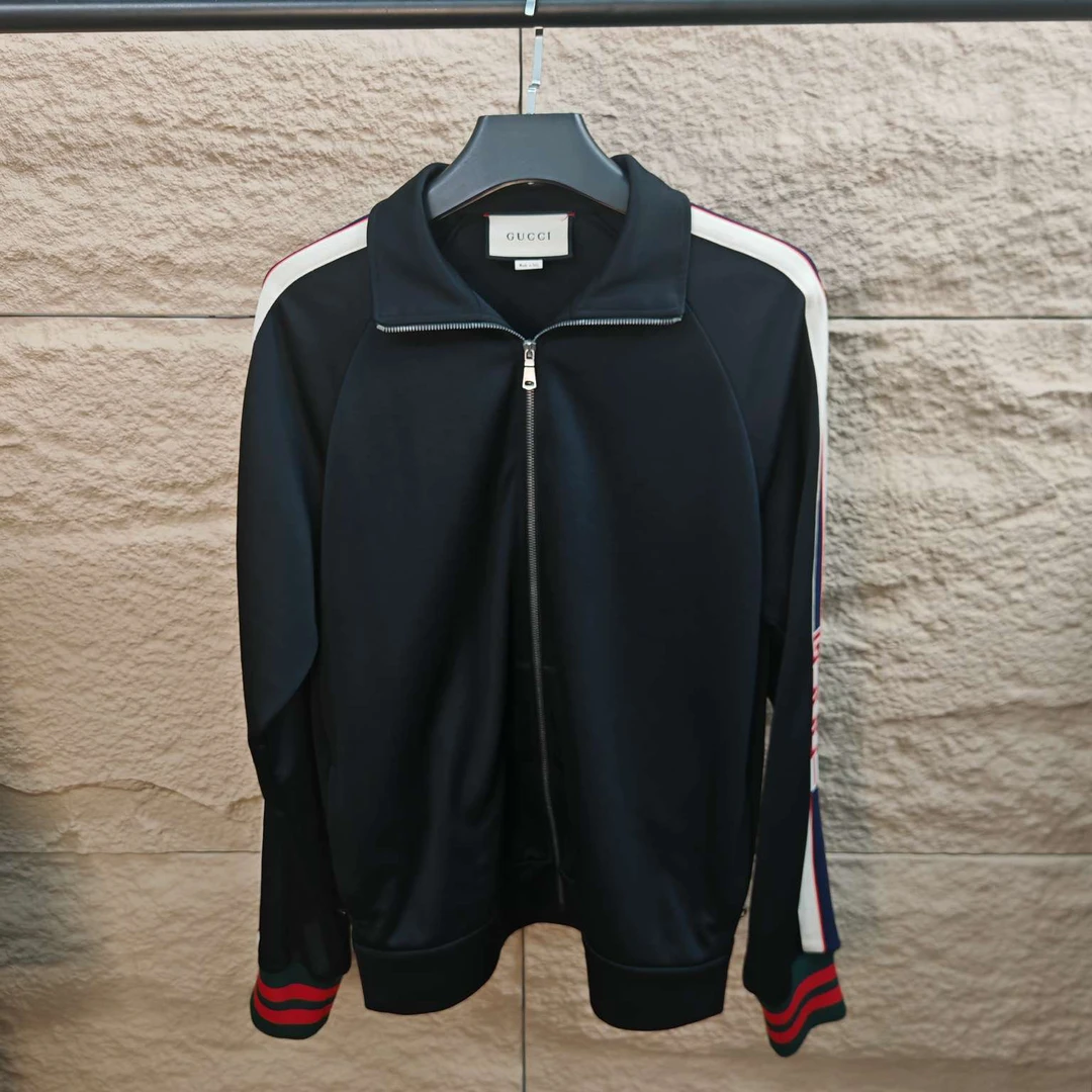卫衣条纹开衫古驰/Gucci侧边织带拉链夹克黑色校服：L：新黑白