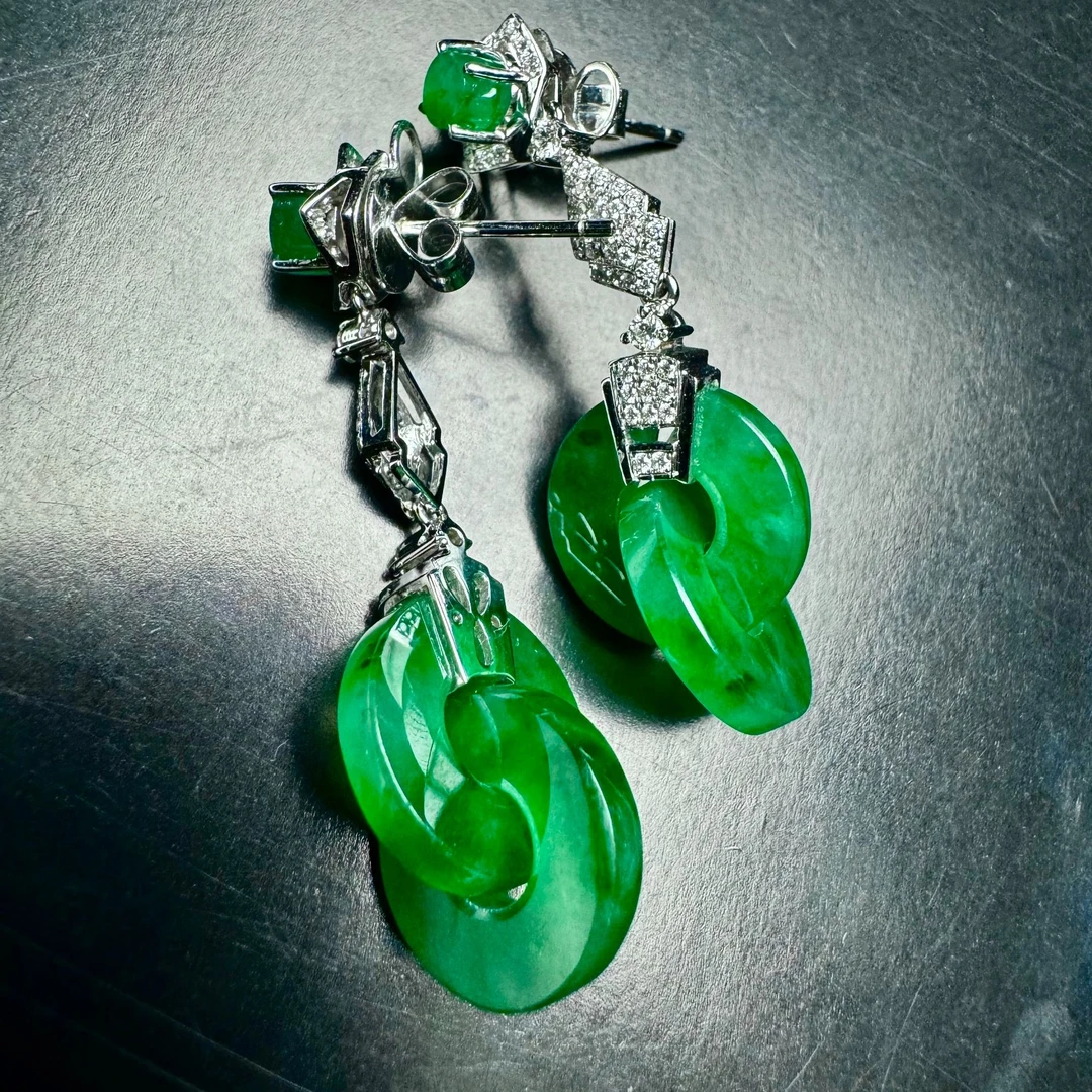 冰种满绿双连环耳饰