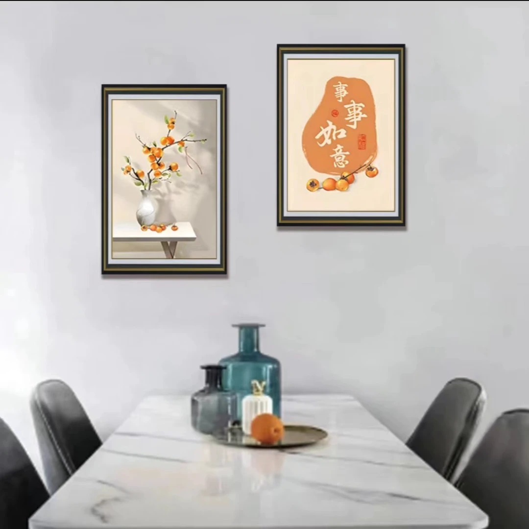 L26事事如意餐厅装饰画新中式饭厅背景墙挂画轻奢高级感双联壁画