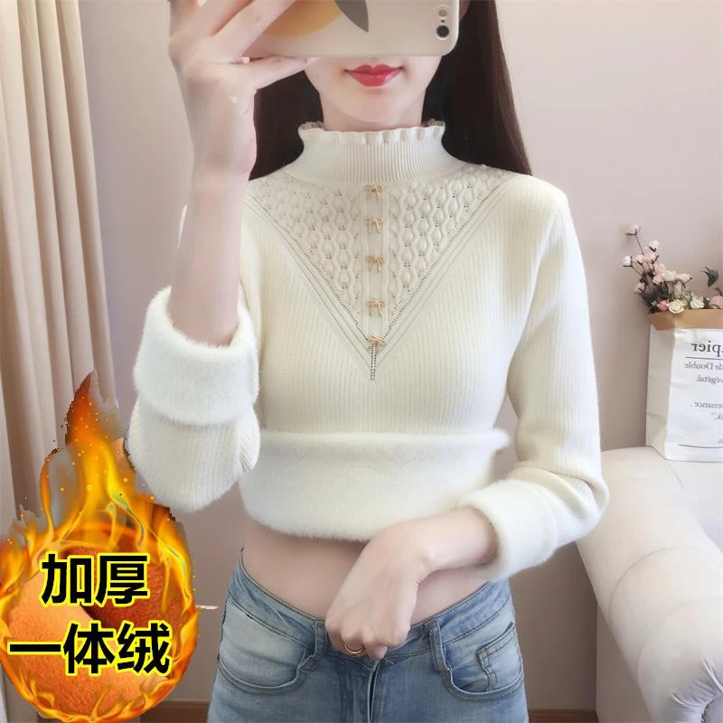 半高领【一体绒】加绒加厚女2024蝴蝶结秋冬保暖打底衫女