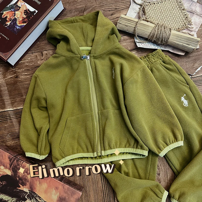 【柒月】儿童春季新款韩版针织套装男女宝宝洋气连帽长袖拉链衫