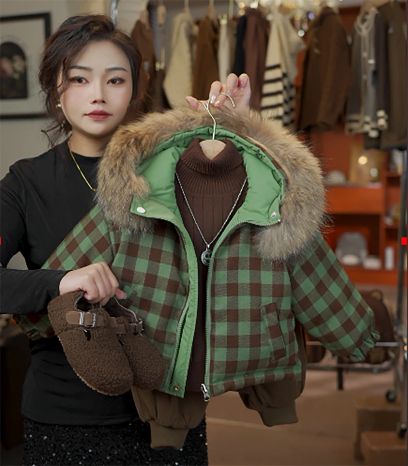 「平替好物」2024新款男女童复古宽松百搭时尚加厚格子秋冬保暖棉衣