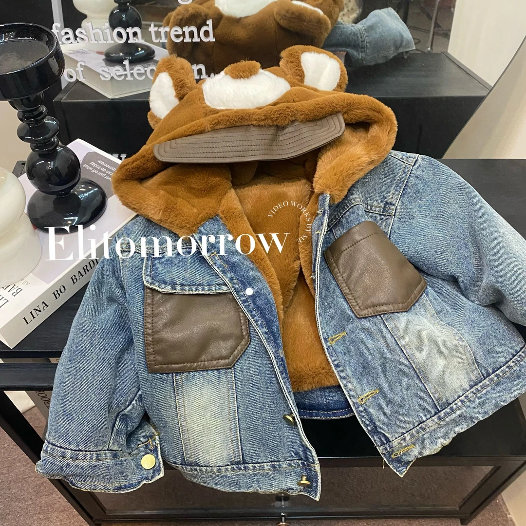 2024新款中大童韩版复古小熊牛仔外套冬装新款宽松加绒棉服外套