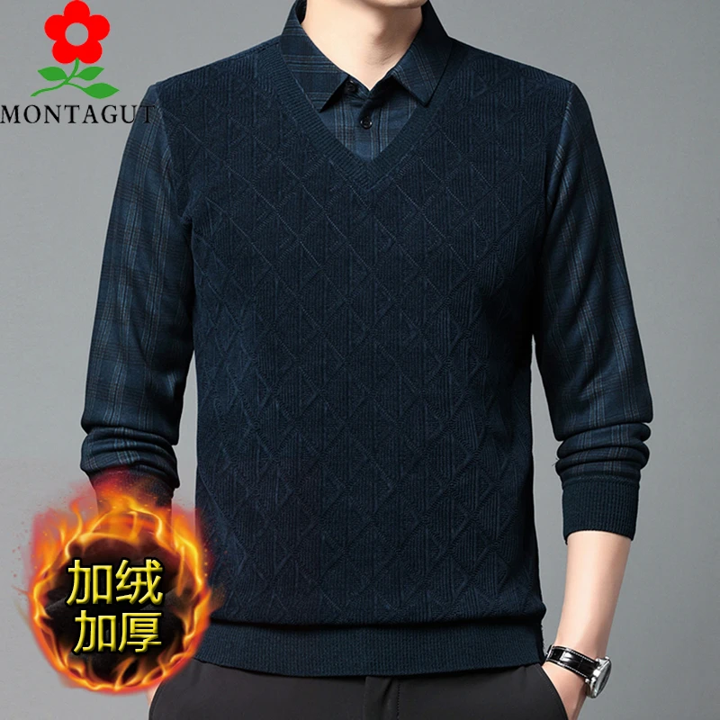 梦特娇男士冬季保暖毛衣加绒加厚假两件衬衫领爸爸款针织衫打底衫