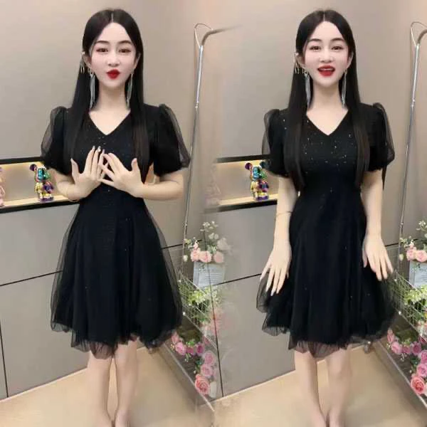 高级感两面穿细闪网纱连衣裙女24夏新款穿搭小个子气质修身小黑裙