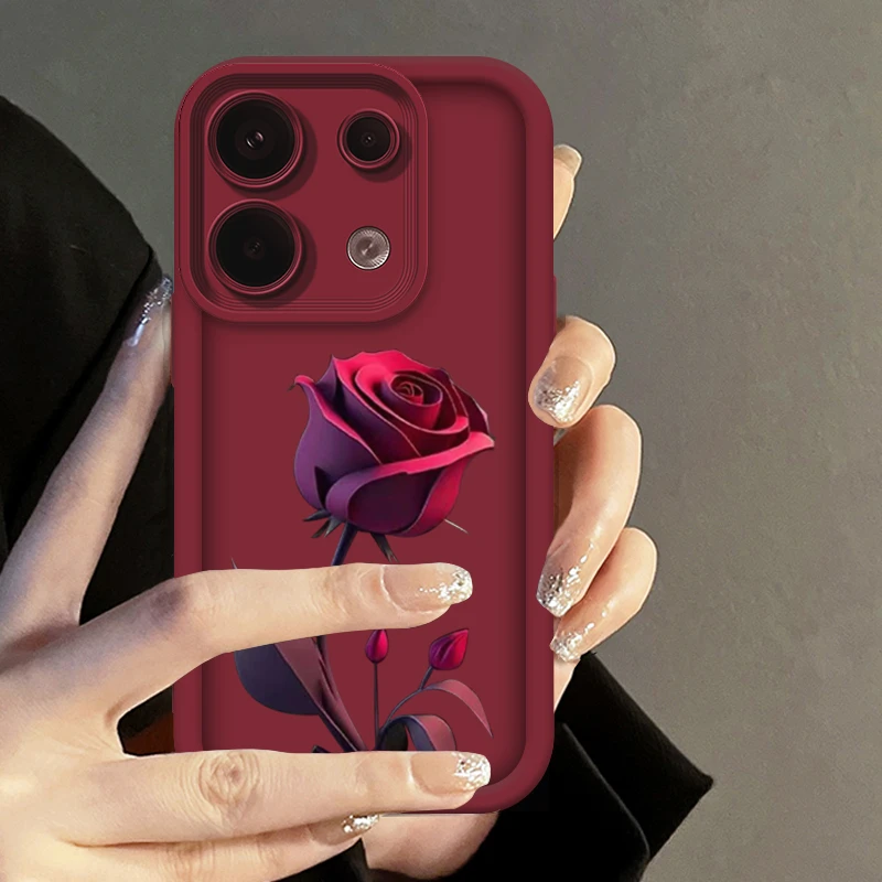 适用于红米Note13pro暗红玫瑰阶梯手机壳全包边硅胶防摔软壳女款