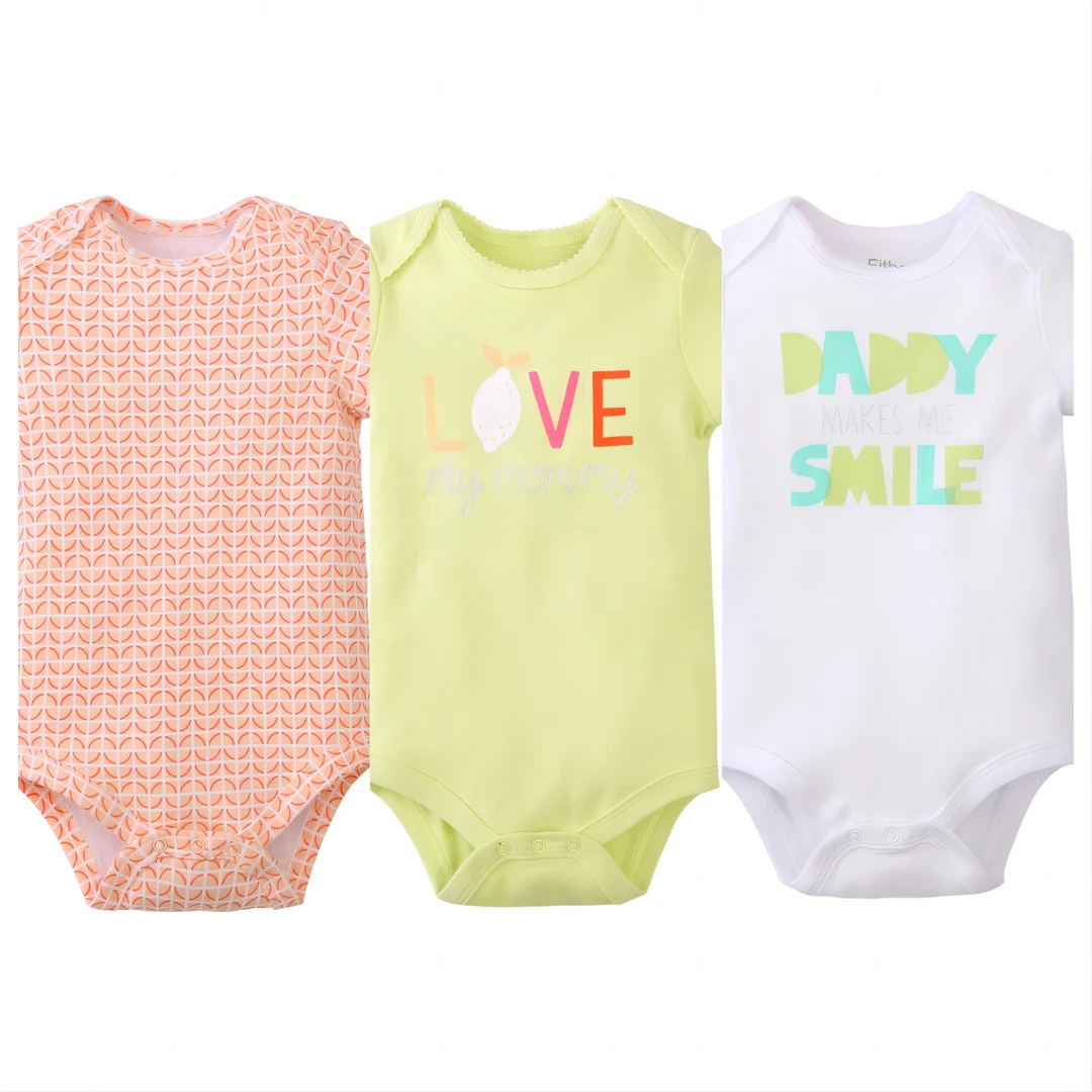 外贸美版女童新生儿短袖套头印花包屁衣哈衣双层汗布纯面加厚加大