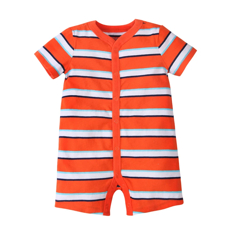 英版出口男宝新生儿A类纯棉5色条纹双层汗布棉加厚对开短袖短爬