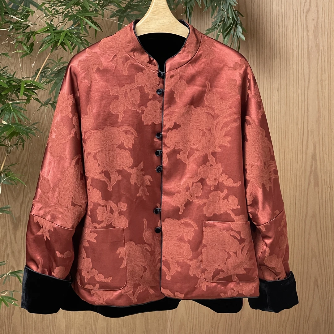 【栀花】安可拉红双面桑蚕丝休闲复古中国风印花立领丝绒棉服#69