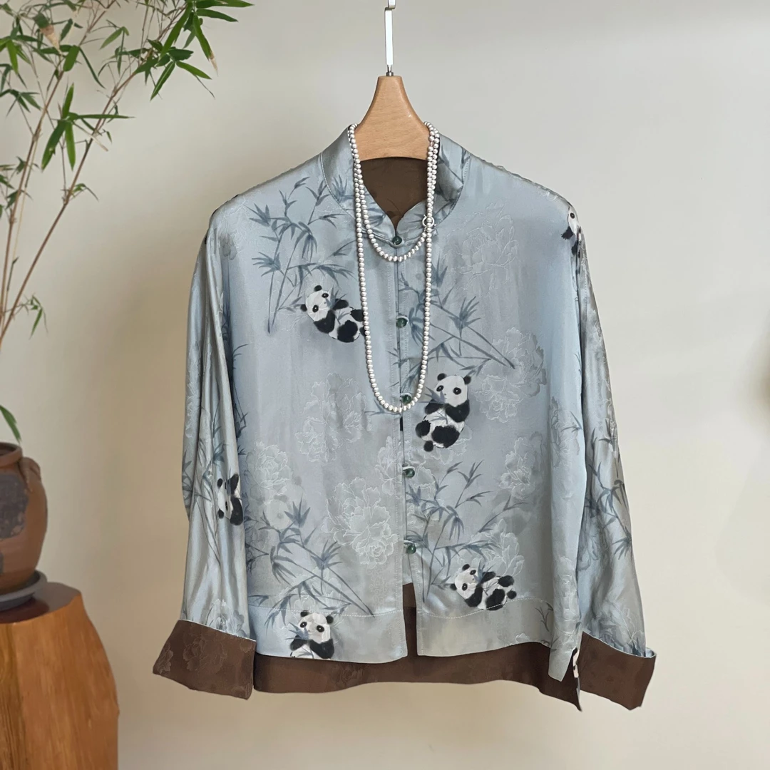 【熊猫抱竹】新中式熊猫长袖蓝色新中式复古中国风提花#75