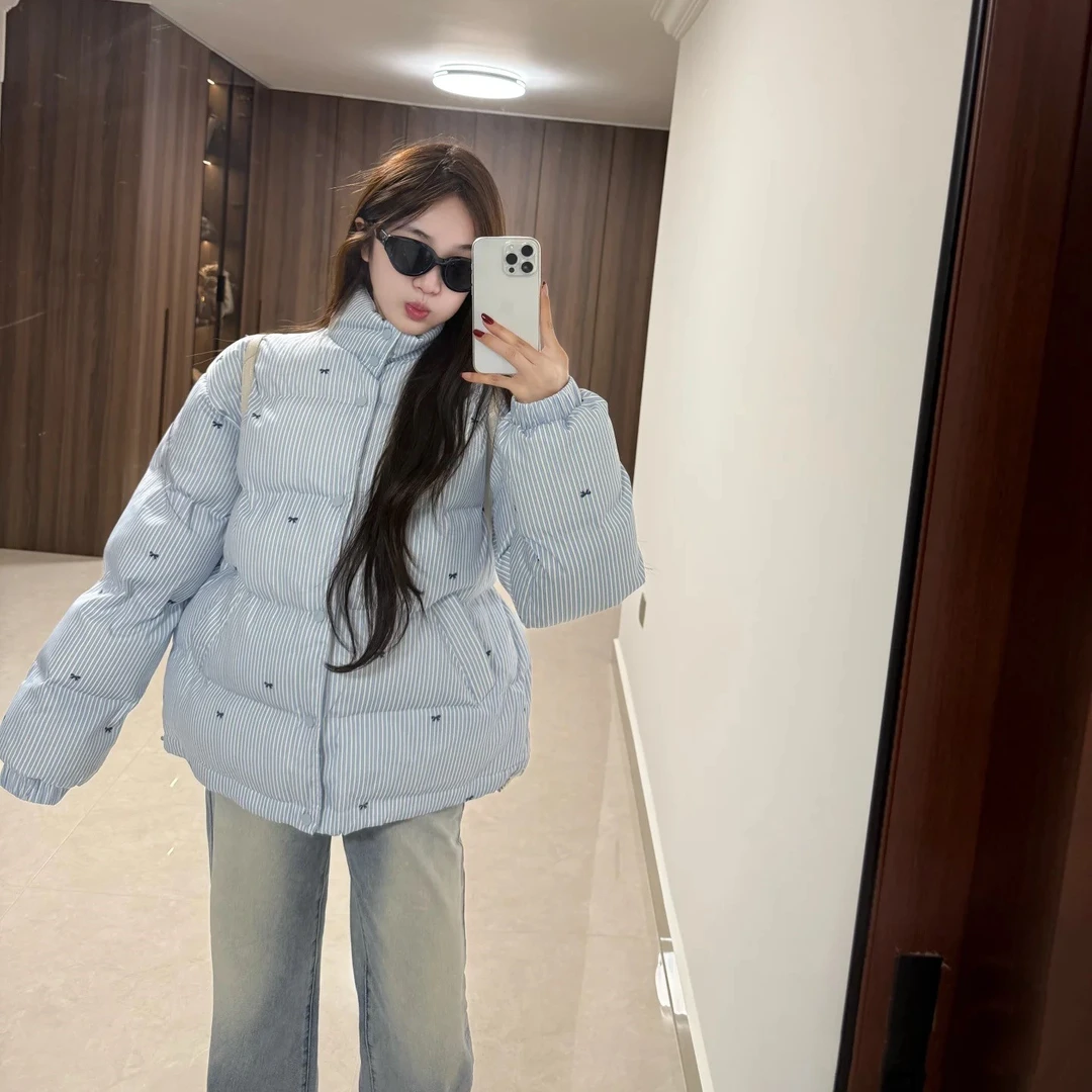 好温柔清新蓝条纹蝴蝶结棉服女小个子百搭面包服加厚保暖棉袄外套