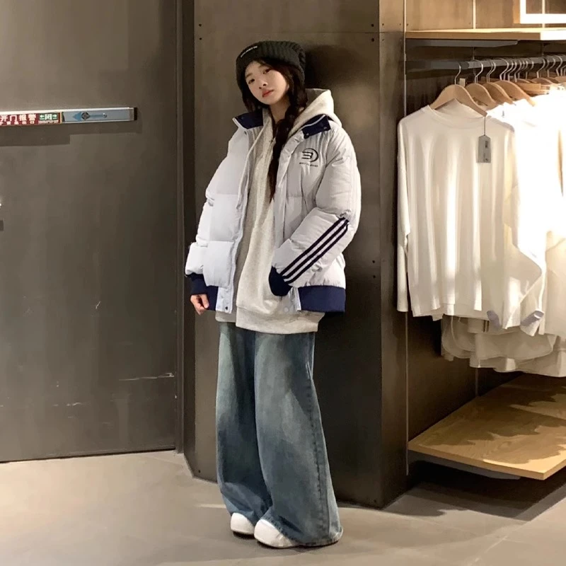 美式复古高街条纹棉衣面包服加厚棉袄外套女2025新款冬季学生棉服