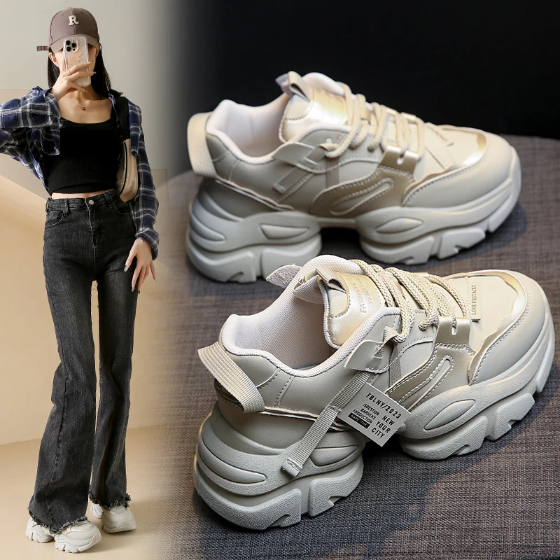 2024春季新款韩版老爹鞋女休闲百搭女鞋运动鞋（皮网）