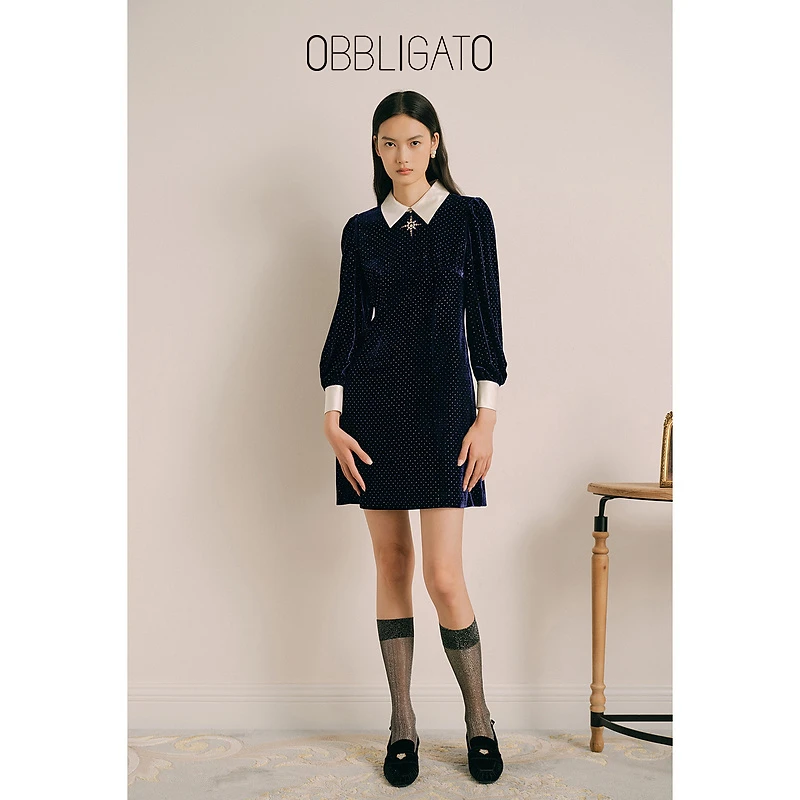 OBBLIGATO奥丽嘉朵1C33505440冬季午夜蓝星河钻丝绒连衣裙