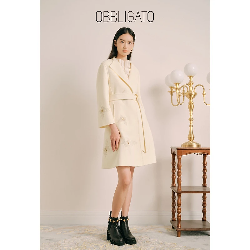 OBBLIGATO奥丽嘉朵  秋季1C63380120线上专选刺绣羊毛系带大衣