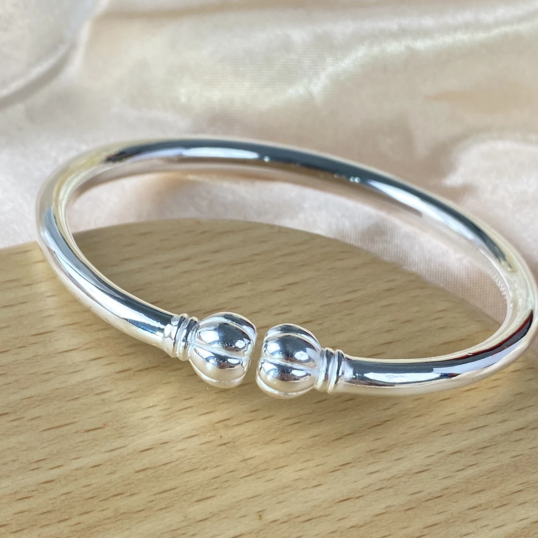 足银手镯 南瓜对珠开口素圈经典手镯