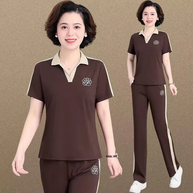 中老年妈妈装夏季时尚套装女洋气夏装两件套大码女装潮短袖运动服