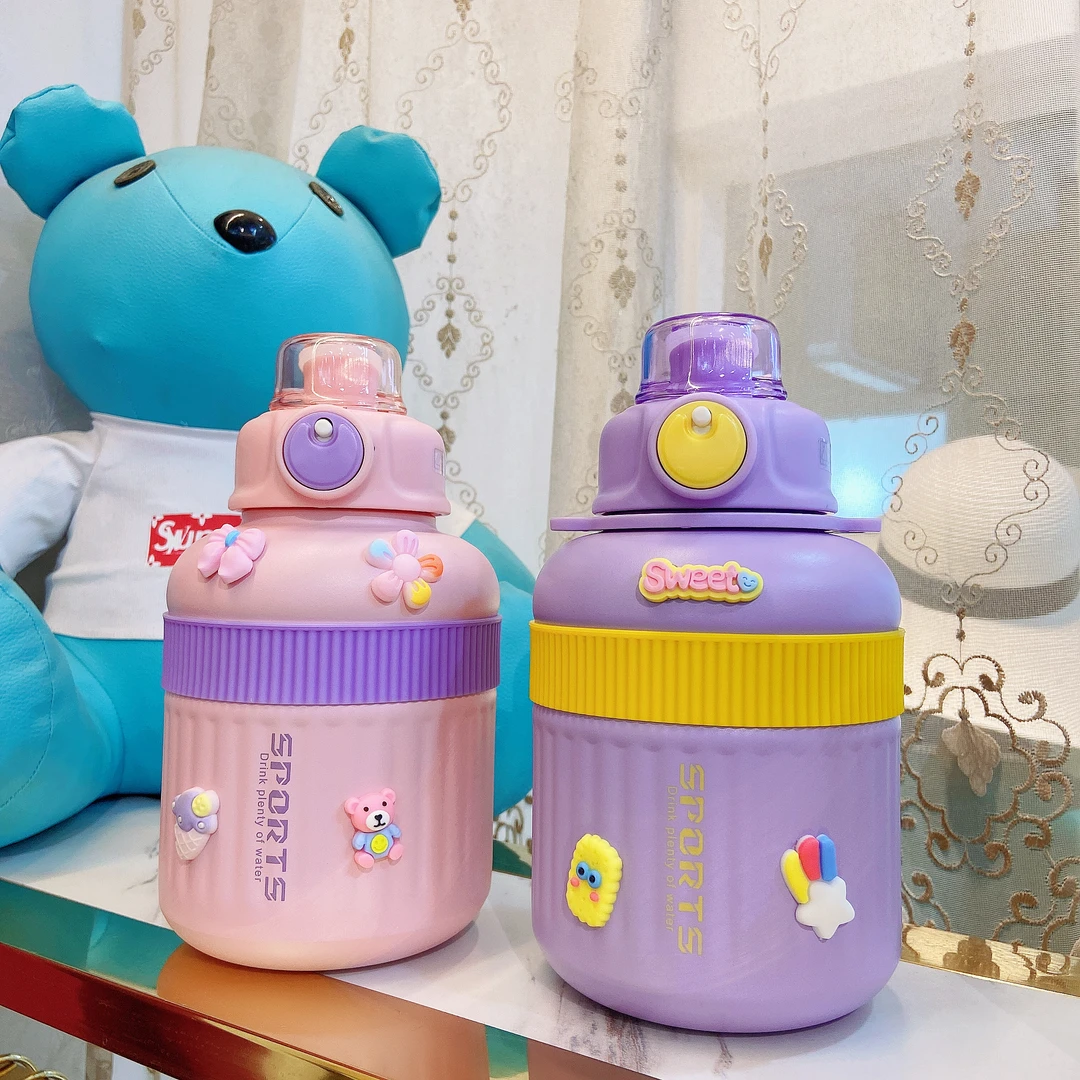 大容量真空316保温杯女生泡花茶壶便携简约学生斜跨带吸管双饮杯