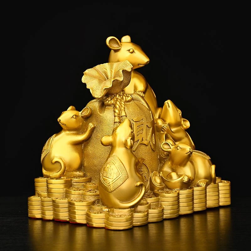 纯黄铜五鼠运财金钱十二生肖鼠家居创意聚财铜老鼠大号摆件礼品