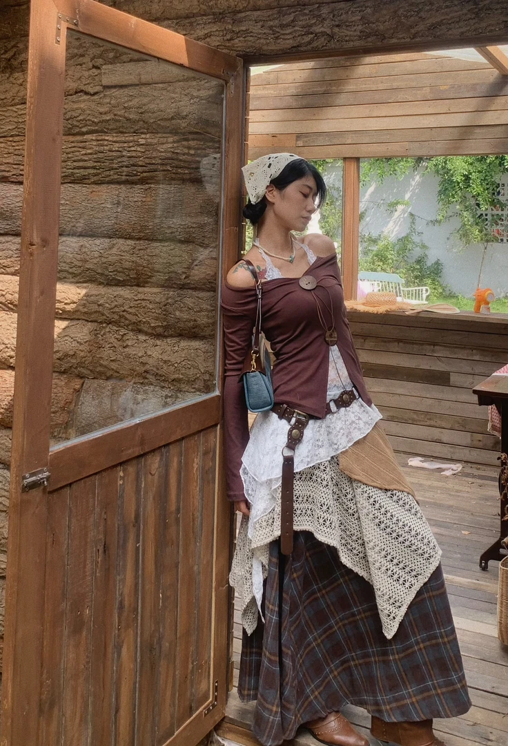 日系森女复古半身裙不规则A版重工格子拼接半裙高腰显瘦长裙2025