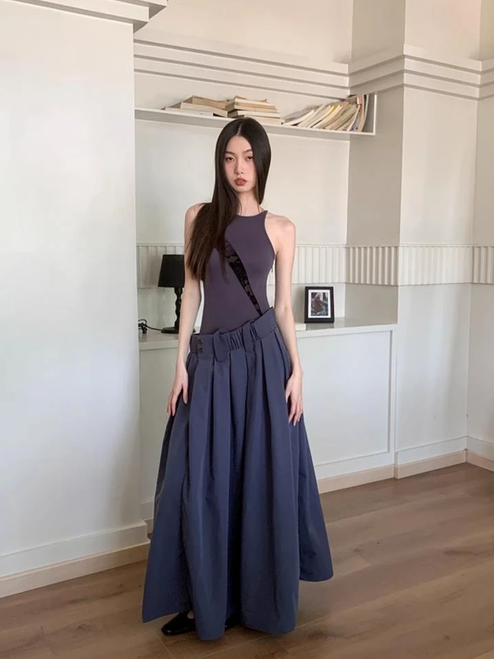 夏季修身圆领背心连衣裙女工装风小众设计不对称拼接假两件大摆裙