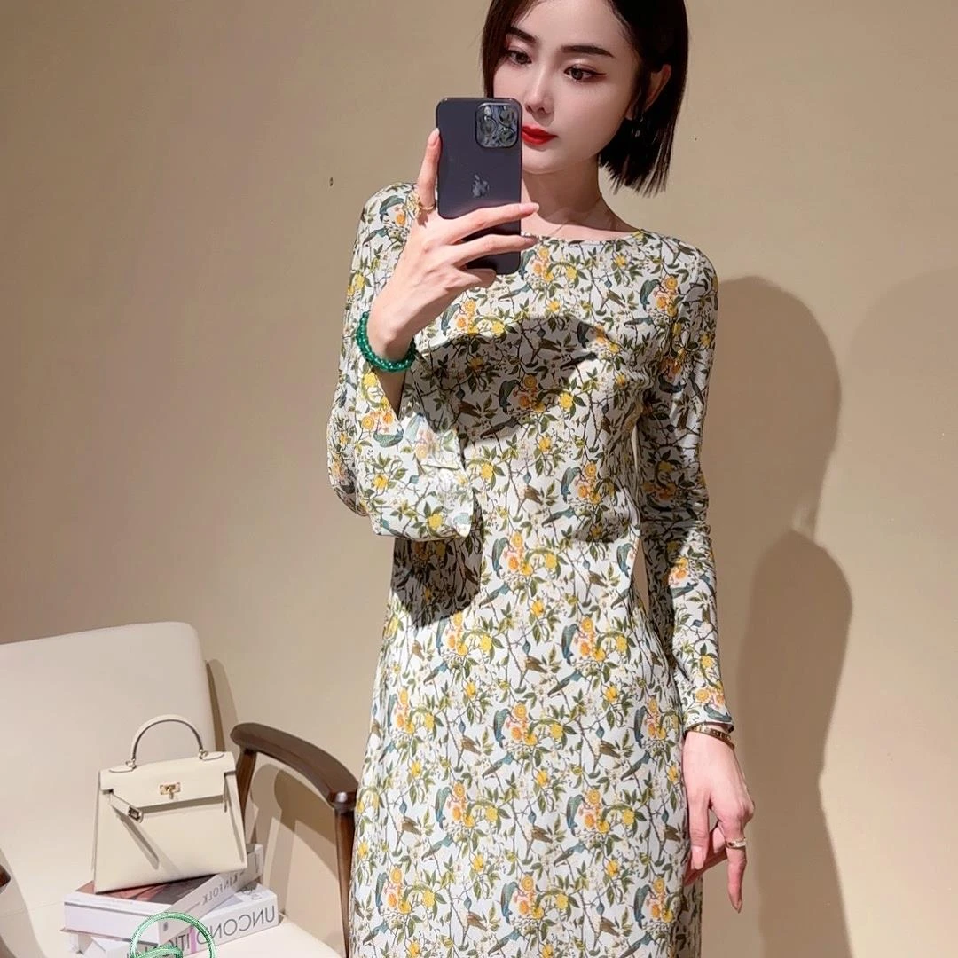 【黄心儿】长袖复古气质时尚碎花印花女装连衣裙KDL1759