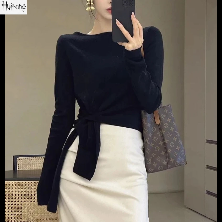 HR简约精致下摆系带针织衫2024春不规则修身显瘦内搭打底衫毛衣女