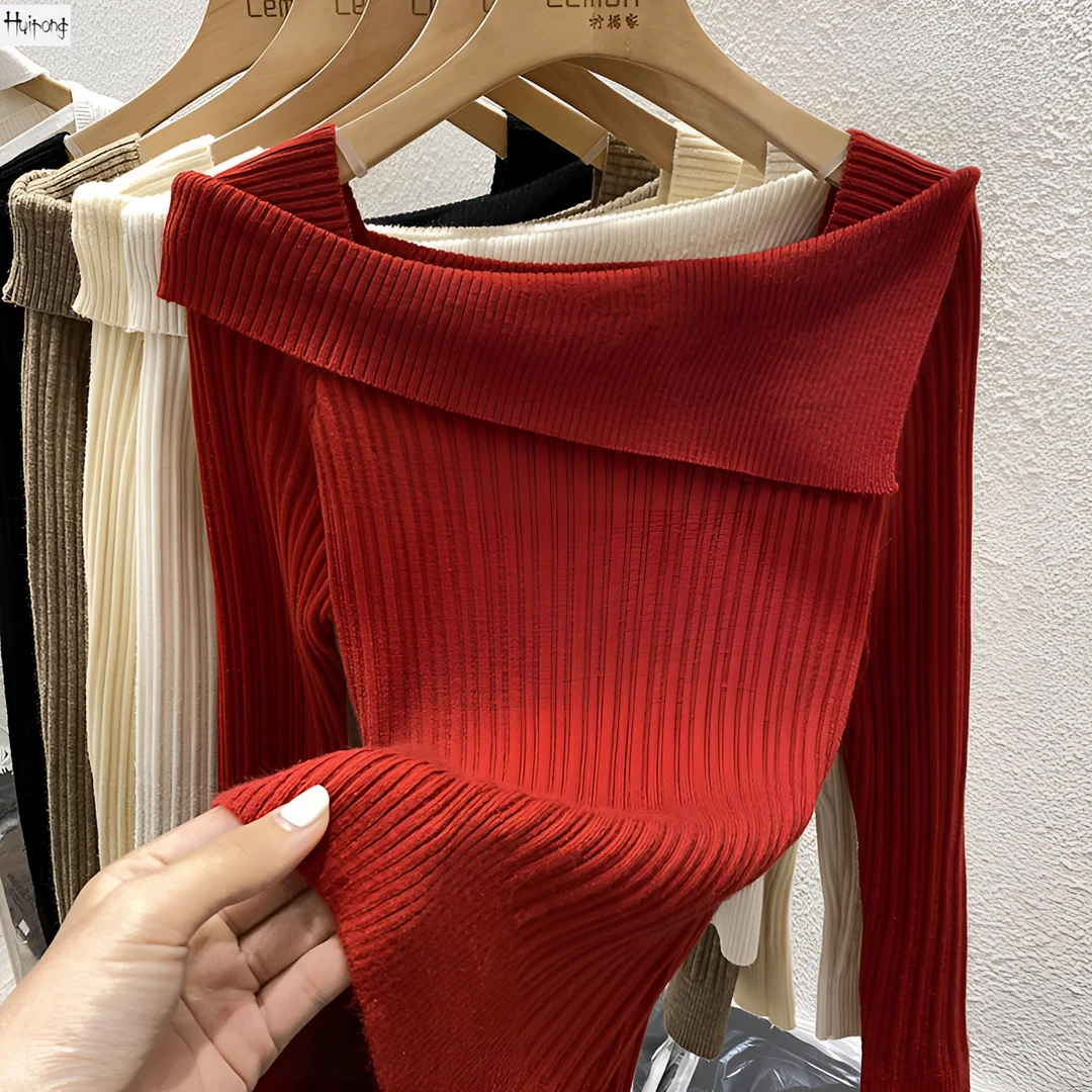 一字肩毛衣女早春纯色设计感小众翻领修身内搭针织衫洋气打底上衣