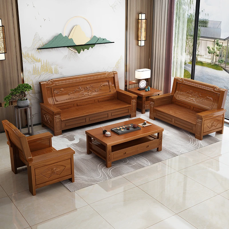【花开富贵】实木沙发客厅中式小户型经济型木头实木农村雕花木沙发