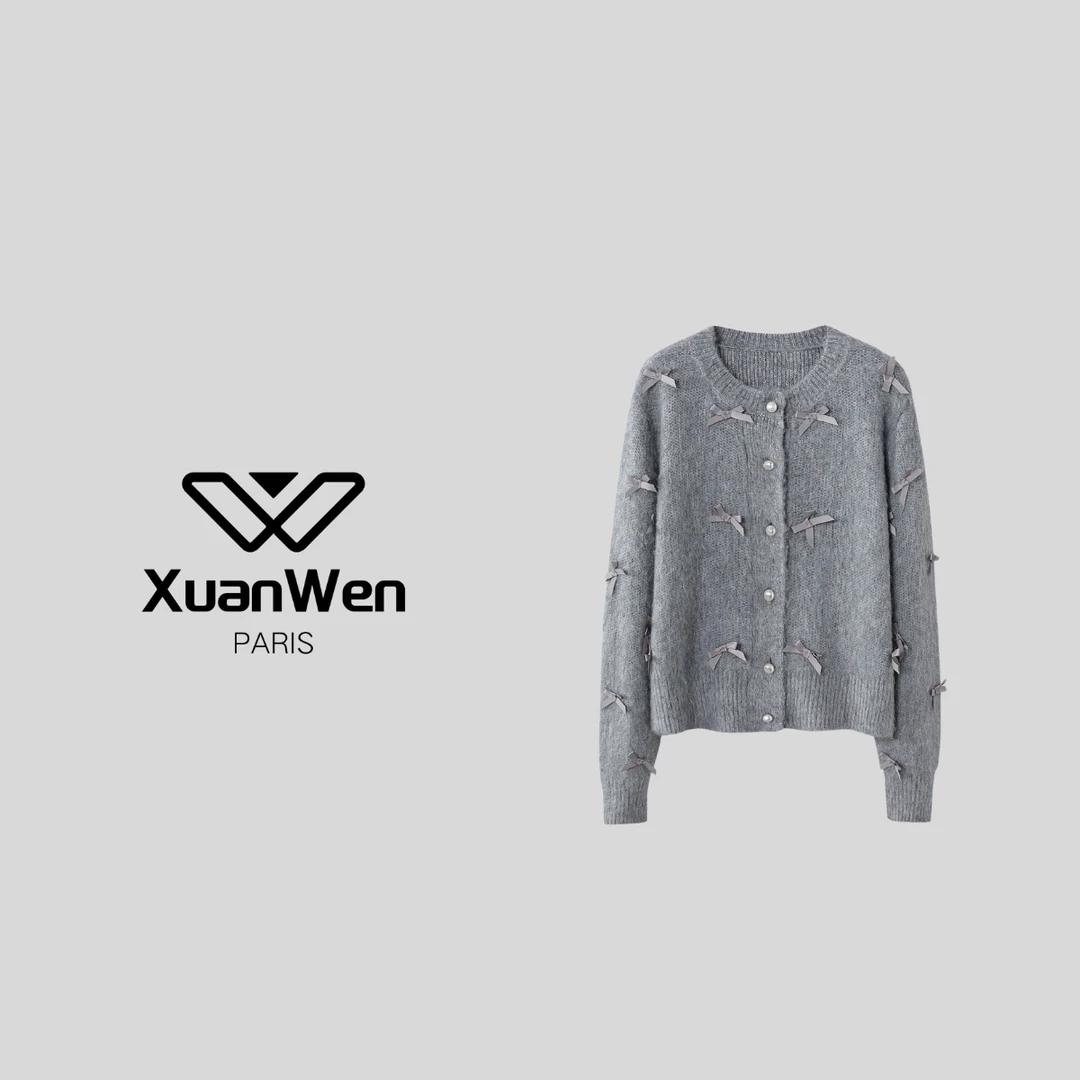 XW 时尚圆领灰色经典蝴蝶结单排扣女装针织衫-2039