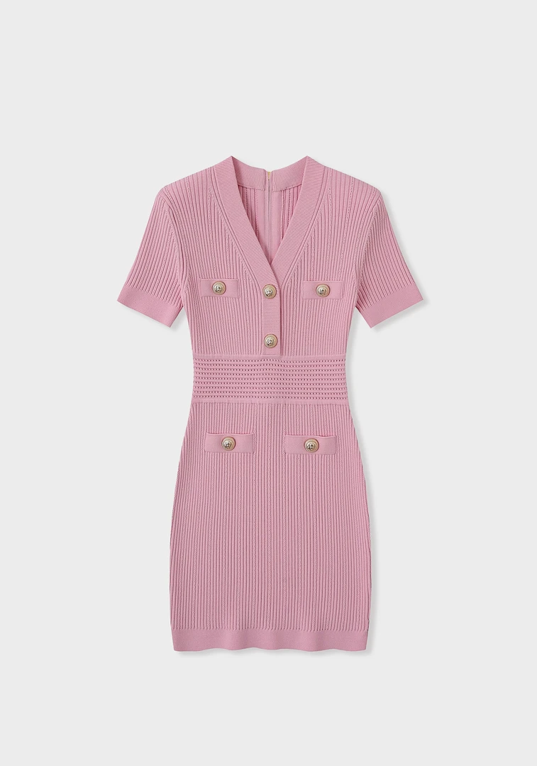 XW 春夏时尚V领百搭收腰显瘦包臀修身针织休闲女装连衣裙-2619