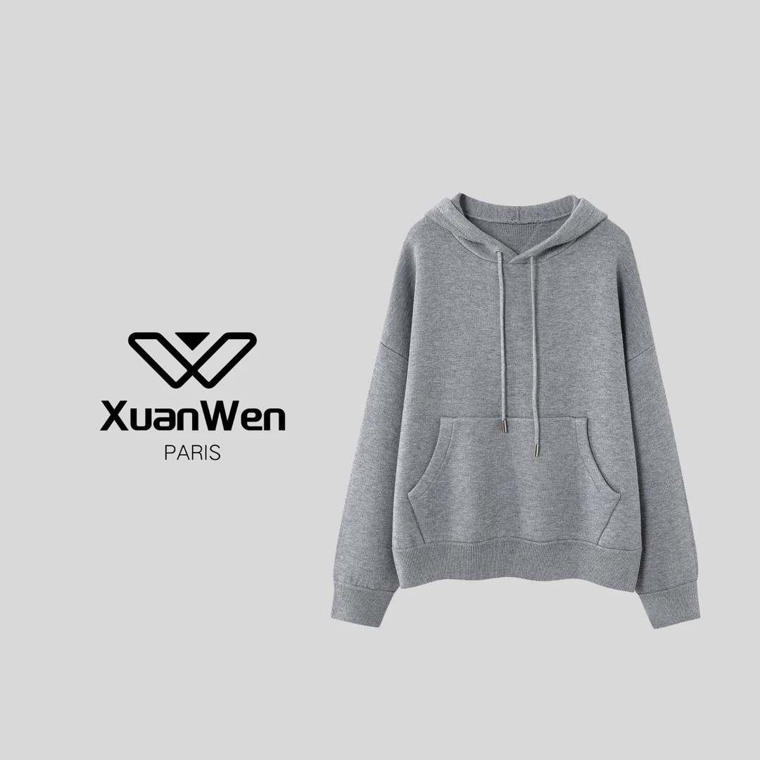 XW 时尚休闲经典百搭中灰色口袋连帽抽绳长袖宽松针织卫衣-2043