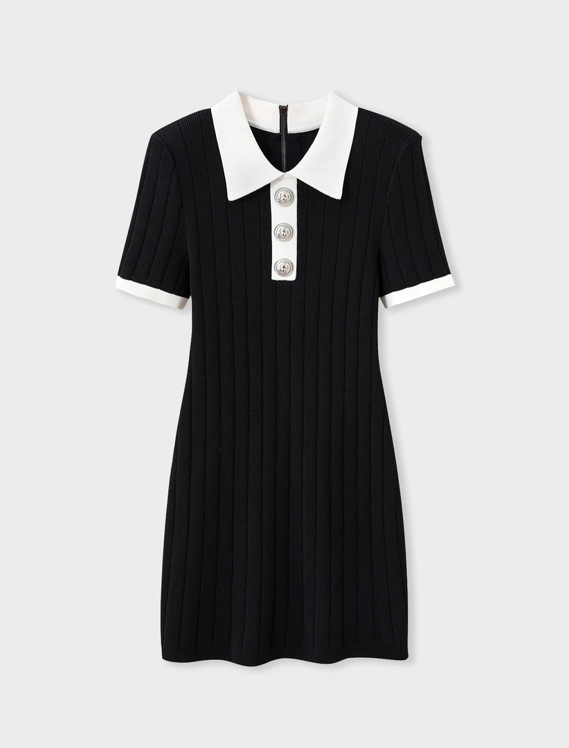 XW 时尚百搭气质显瘦黑白撞色经典翻领三粒扣针织女装连衣裙-2509