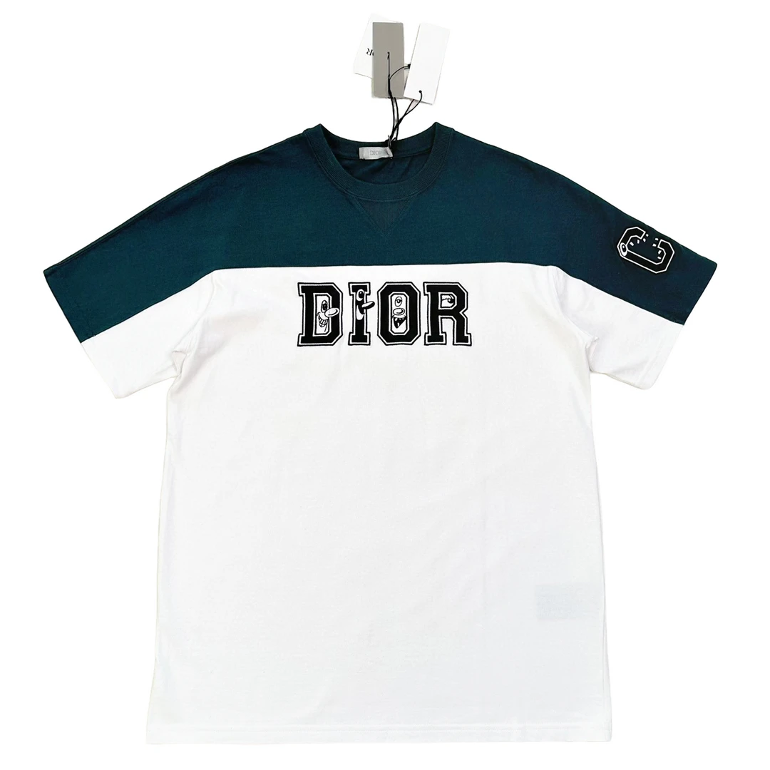 全新未使用 DIOR/迪奥 迪奥 男士绿色拼色印花刺绣宽松短袖T恤