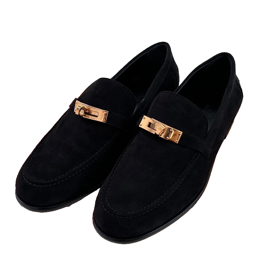 全新未使用 Hermes/爱马仕 爱马仕  女士黑色经典Kelly金扣乐福鞋