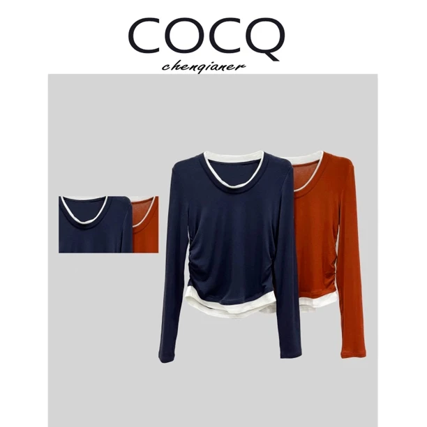 【COCQ】小蛮腰拼色冬暖T原创设计收褶长袖上衣