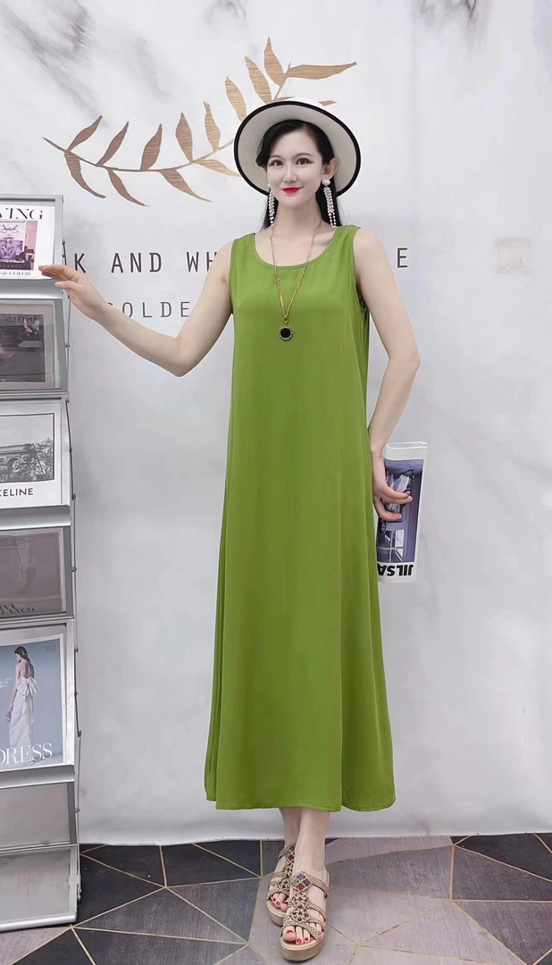 2024新款棉绸连衣裙女夏季无袖过膝长裙大码宽松人造棉背心裙子
