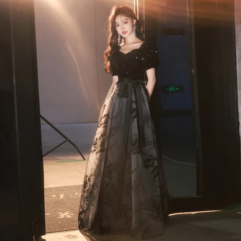 黑色高贵晚礼服宴会秋季小众中国风水墨画年会生日主持人艺考演出